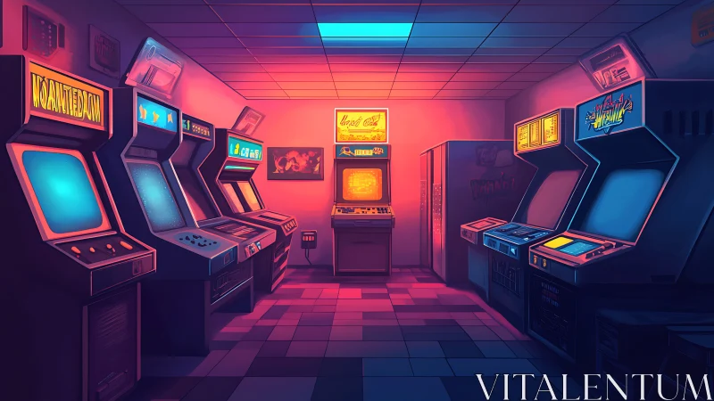 Dimly lit arcade room with retro gaming machines at night.