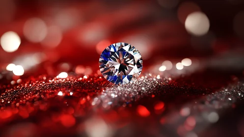 Solitaire diamond on red glitter surface in sharp focus.