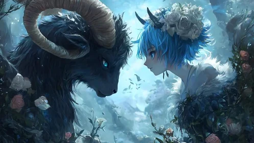 Horned girl meets spirit beast in blue floral forest