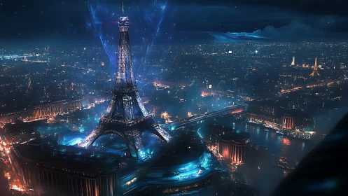 Neo-futuristic Eiffel Tower amid glowing cyberpunk Paris night.