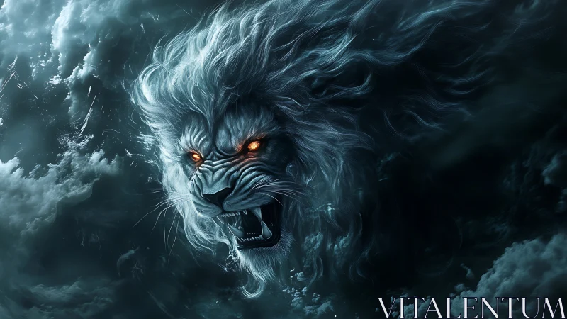 Stormborn spectral lion roars through swirling night clouds.