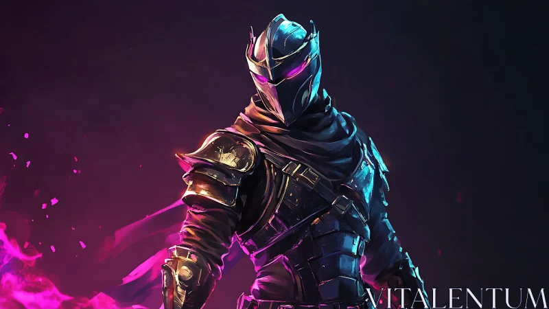 Mysterious neon knight stands ready in glowing purple armor