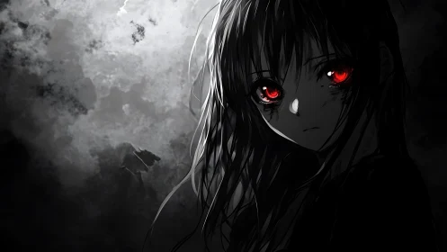 Haunting red eyes glow softly in a stormy monochrome night