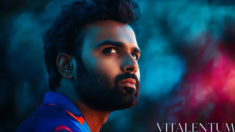 Moody neon gaze under electric twilight skies.