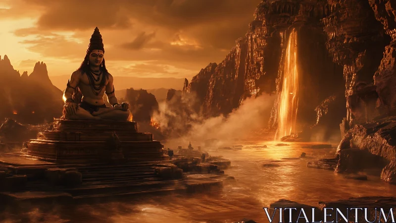 Golden twilight honors a serene river god in sacred mountains