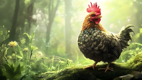 Rooster standing on moss in verdant forest clearing