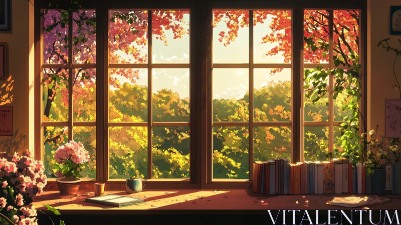 Sunlit studio window frames lush flowering treetop garden.