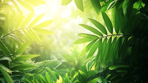 Sunlit tropical leaves frame lush emerald forest canopy.