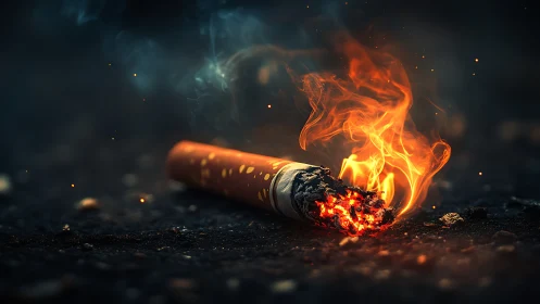 Burning cigarette butt on dark ground with visible open flame.