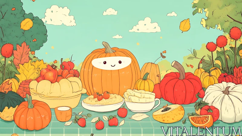 Smiling pumpkin amid autumn harvest desserts and fruit.