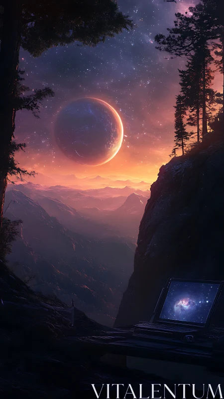 Astrophotographer’s cliffside laptop under ringed alien moon