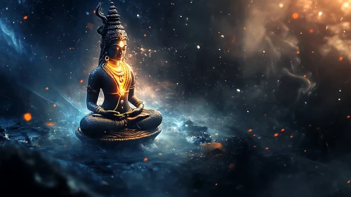 Luminescent meditative deity in turbulent cosmic fluid field.