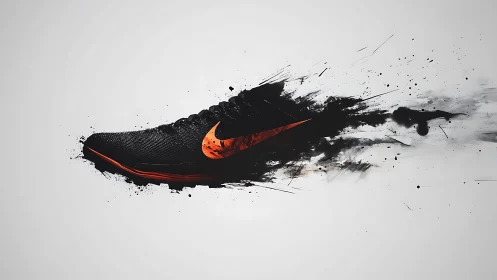 Black running shoe with orange swoosh in paint motion effect.