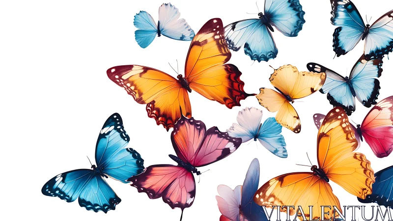 High-key digital illustration of multicolored flying butterflies