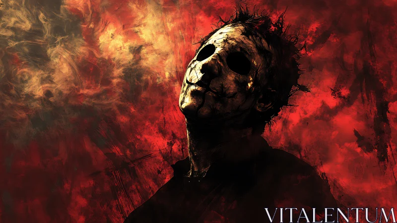 Masked figure portrait against red textured smoke backdrop.