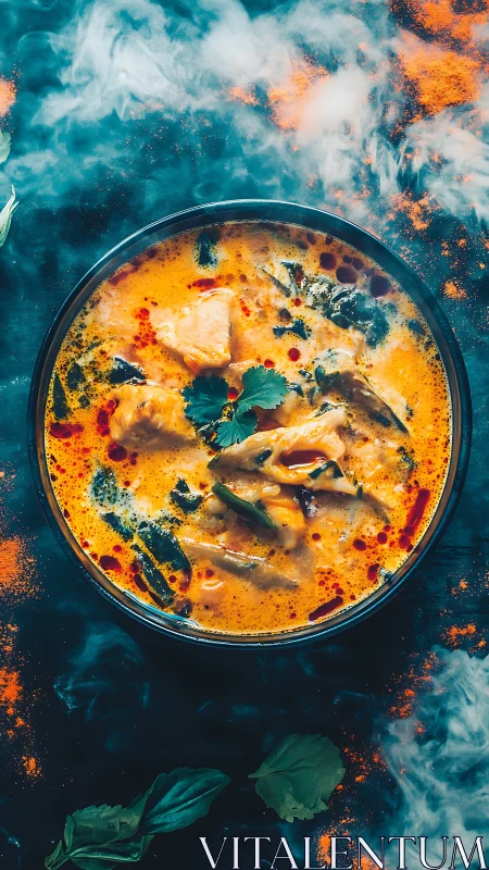 Bowl of orange curry soup shot from overhead on dark surface