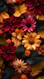 Chromatic Floral Composition with Layered Depth and Warm-Cool Color Contrast
