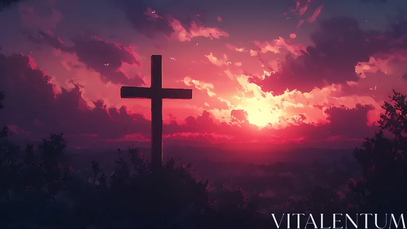 Silhouette cross under red sunset sky and distant hills.