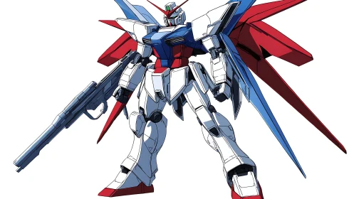 Heroic mecha stands ready in bold red, white and blue armor