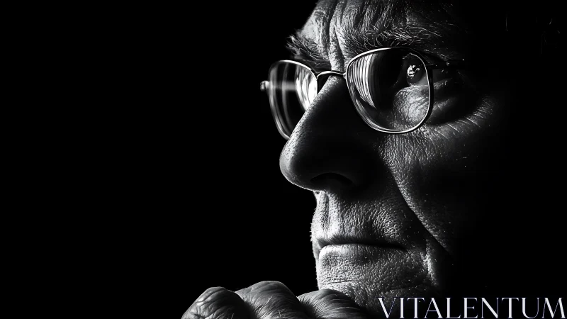 Elderly man gazes into darkness in stark side portrait