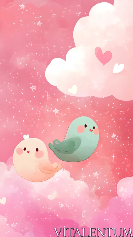 Whimsical Birds Soaring Through Pink Dreamscape.