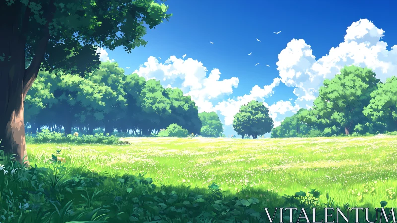 Sunlit meadow extends toward distant tree line and clouds