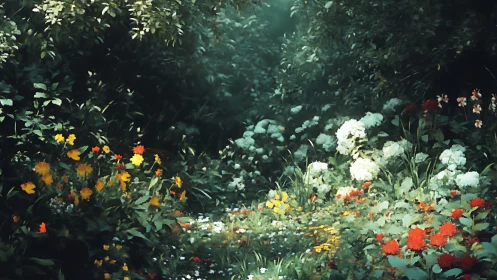 Sunlit garden path is bordered by dense mixed wildflowers
