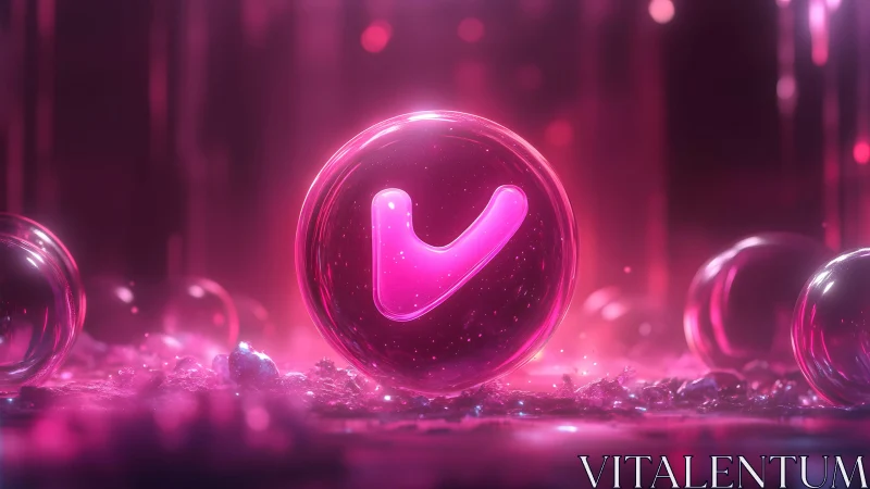 Shiny Pink Checkmark Bubble in Futuristic Neon Fantasy Scene.