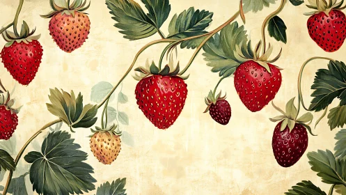 Illustrated strawberry vines hang against a neutral backdrop
