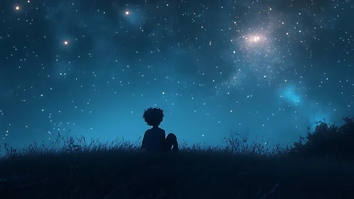 Silhouetted child watching luminous blue night sky panorama.