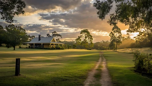Sunlit country cottage beside winding dirt farm track.