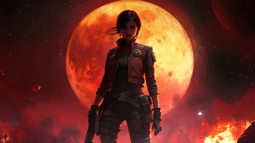 Cinematic sci fi heroine before blazing crimson moon backdrop.