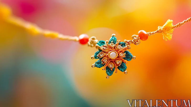 Ornate rakhi jewel glows against a vivid festive bokeh.