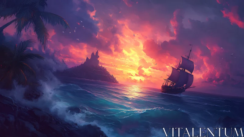 A Galleon Sails into Sunset Glory.
