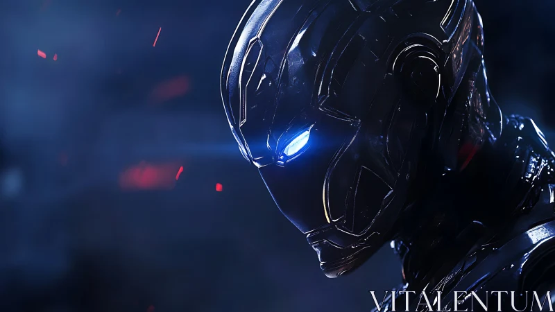 Cybernetic warrior profile with glowing blue visor gaze.