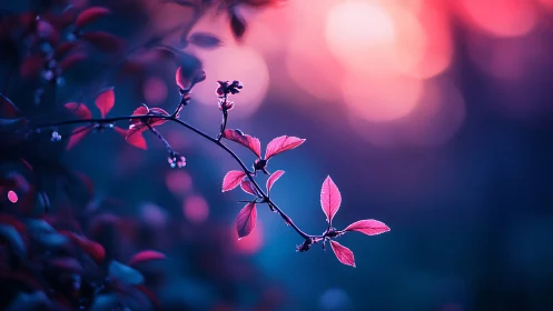 Neon pink leaves glow against dreamy violet bokeh background.