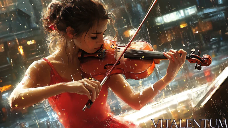 Rainlit violinist braids city lights into glowing melodies