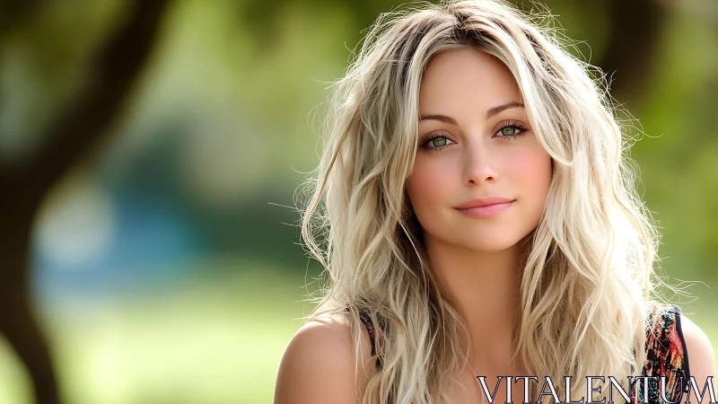 Soft-focus outdoor portrait of blonde woman in sunlight.