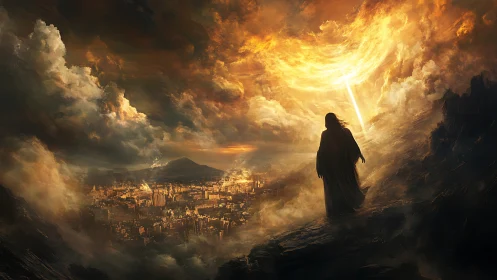Cloaked watcher beneath a burning sky over trembling city.