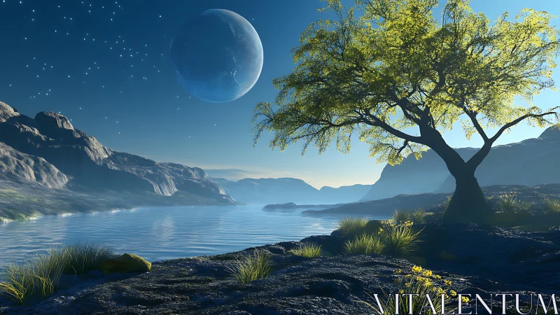 Serene alien shoreline under moonlit sky with lone tree.