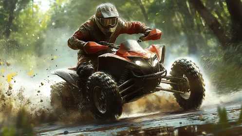 Mud-slinging ATV hero carving thunder through the forest.