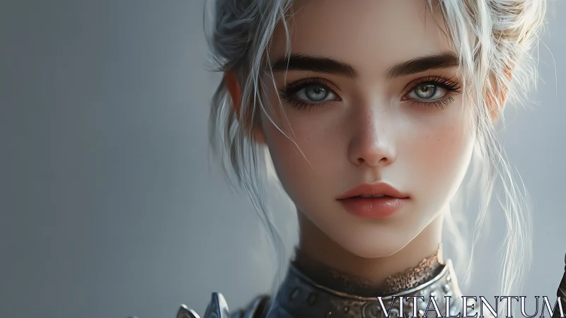 Silver-haired warrior girl gazes ahead in soft focus portrait.