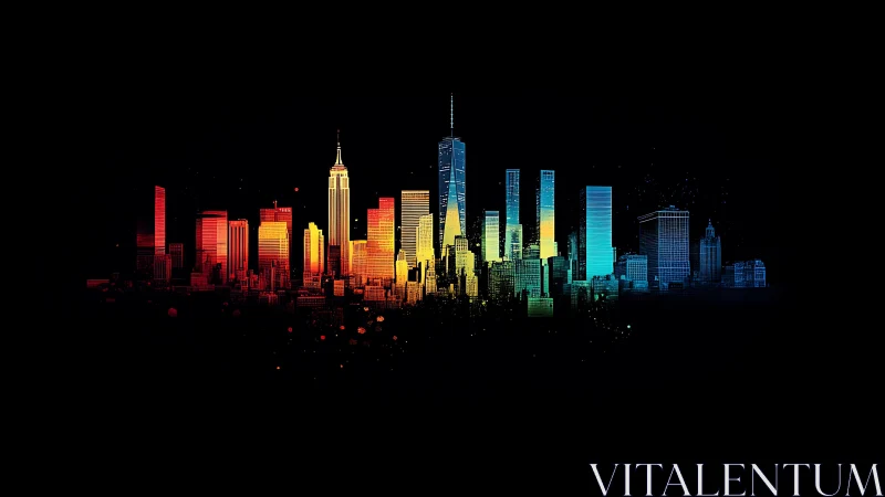 Multicolor gradient skyline illustration spans dark background