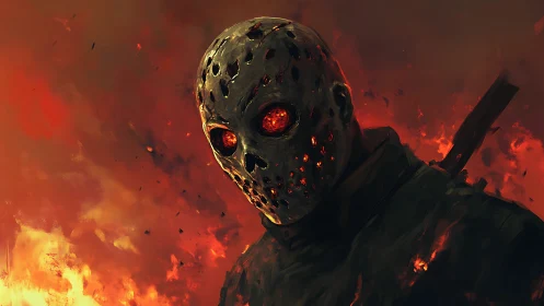 Masked inferno stalker with molten eyes amid burning sky.