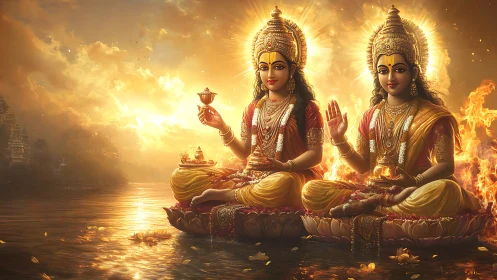 Triplicate golden deities on lotus thrones against radiant sunset
