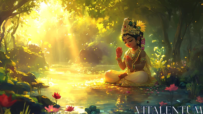 Luminous forest meditation with jeweled child deity by stream.