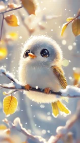 Snowkissed puffball bird perches amid golden autumn light.