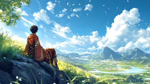 Anime pastoral vista with contemplative figure and vast sky.