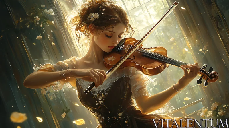Golden afternoon violinist wrapped in drifting petals.