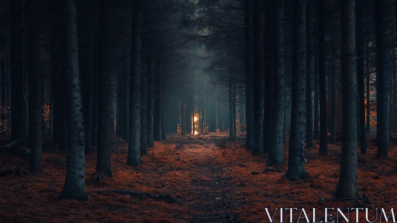 Dark Forest Path. Glowing Light Beyond Towering Pines.